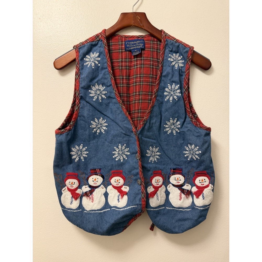 Vintage Willow Ridge Christmas Denim Plaid Appliqué Snowman Vest Size Medium